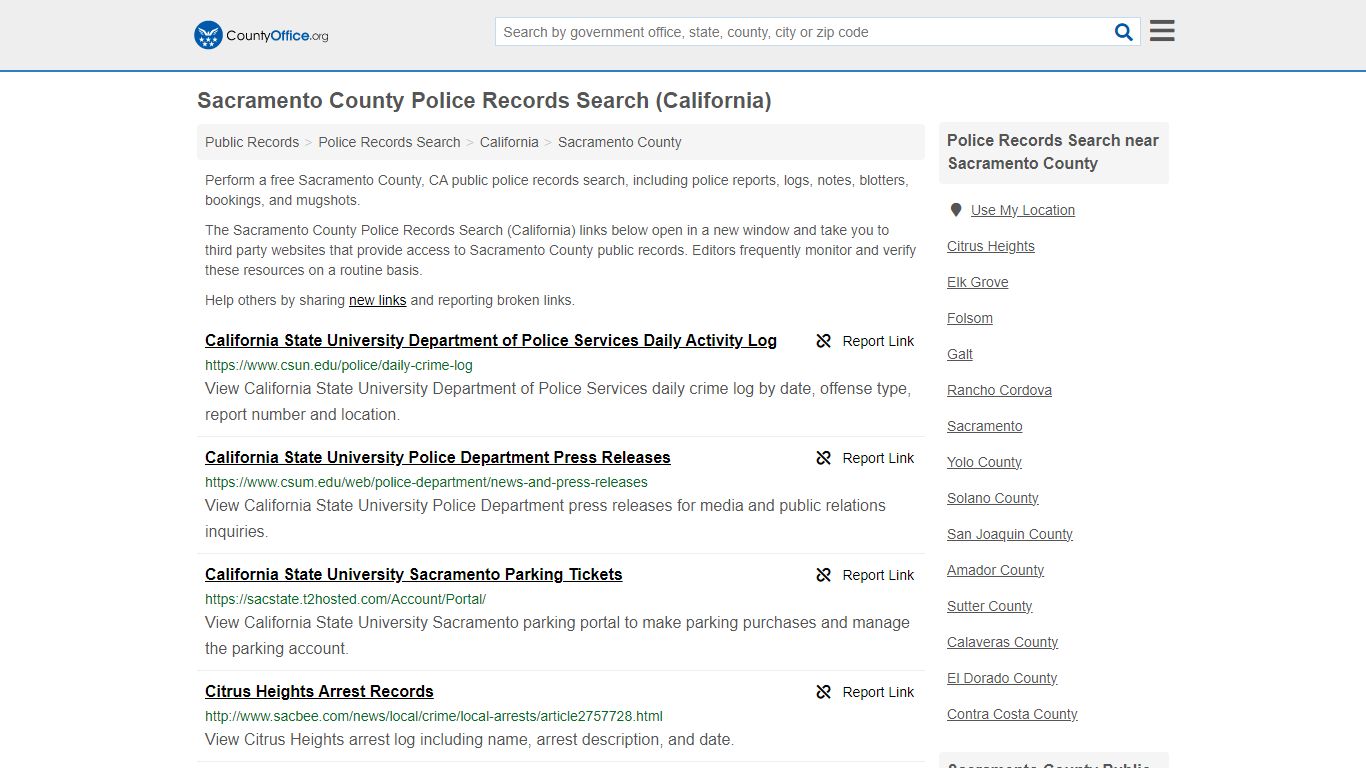 Sacramento County Police Records Search (California) - County Office